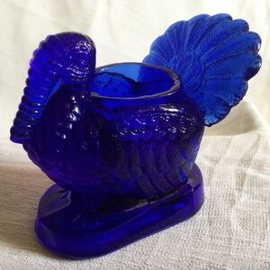Vintage Cobalt Thanksgiving Turkey Glass Toothpick Holder Mosser Mint Condition